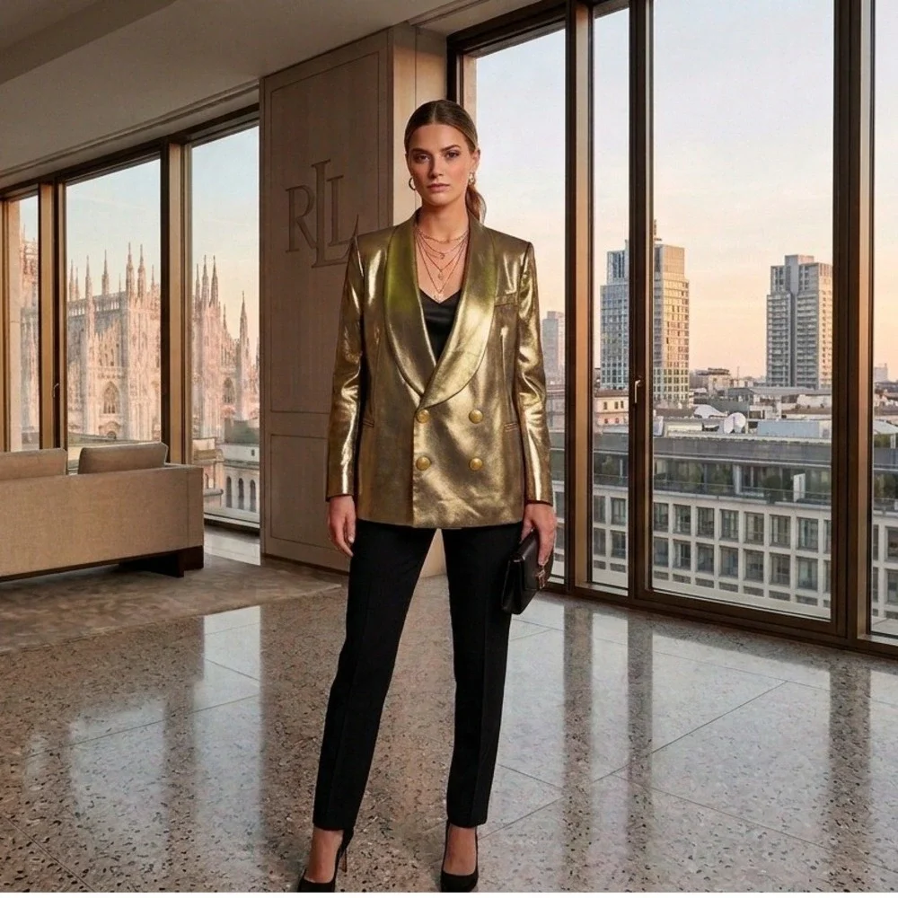 Ralph Lauren Collection‎ Gold Metallic Double Breasted Runway Blazer Italy 6/8